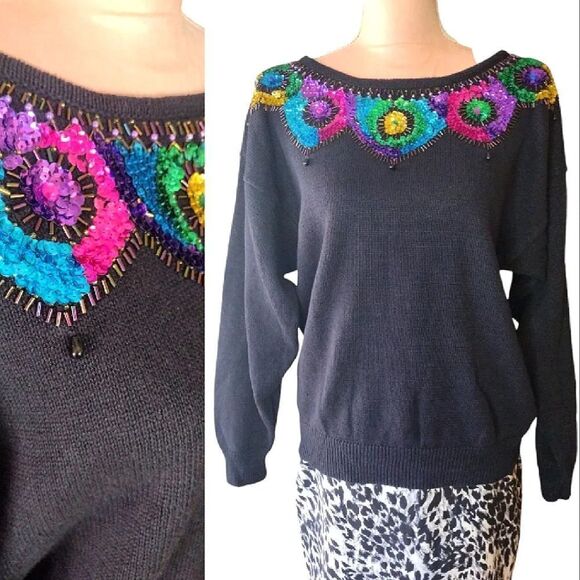VTG 80s Black Colorful Beaded Sequins Ramie Blend Knit Sweater Medium - Picture 1 of 16